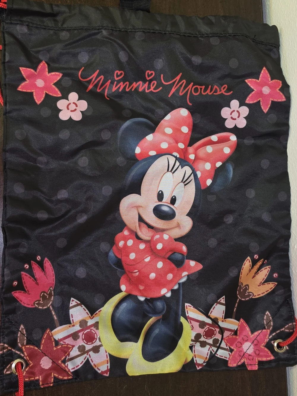 Disney Minnie Mouse Black Drawstring Bag with Red & Pink Accents